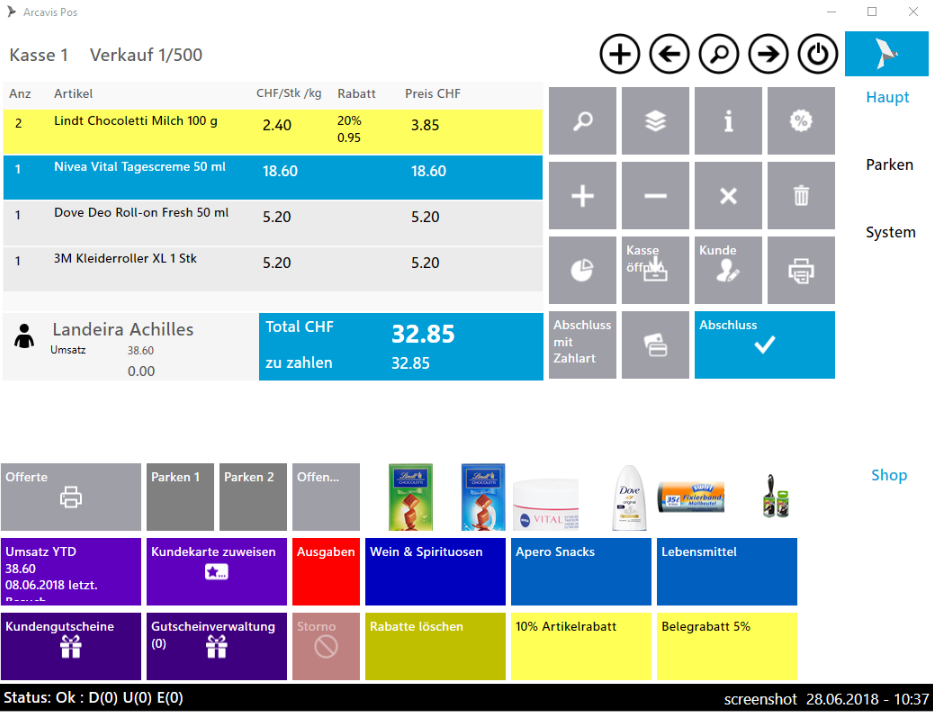 Arcavis Kassenoberfläche