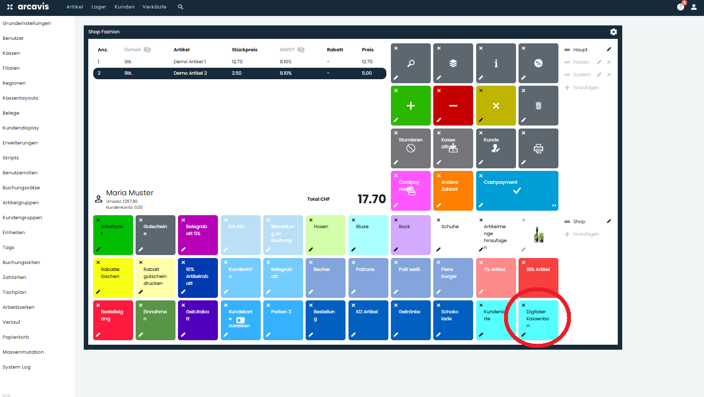 Schnelltaste im Layout für Digitaler Kassenbon